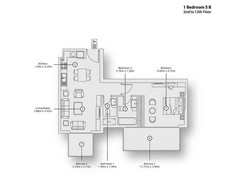 1 Bedroom Apartment 5 B, 2nd to 12 Floor